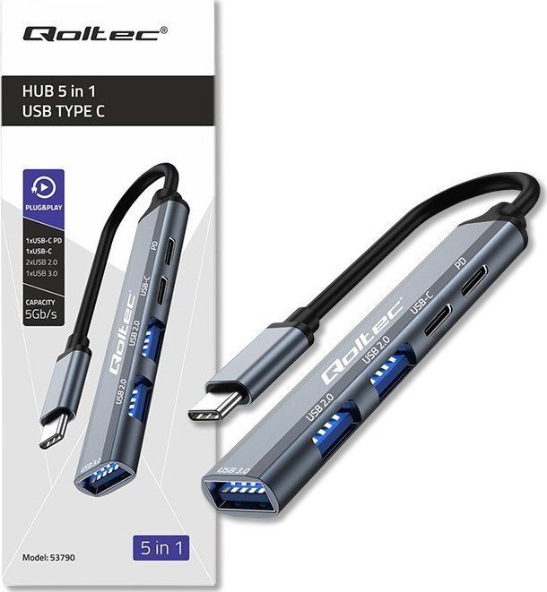 USB HUB Qoltec 5in1, USB C 3.1, PD, сива