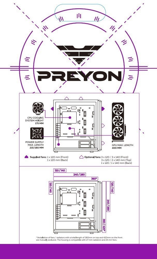 Кутиште за компјутер PREYON Nest Meshy PRENM02B, Midi Tower, страничен панел со прозорец, црно
