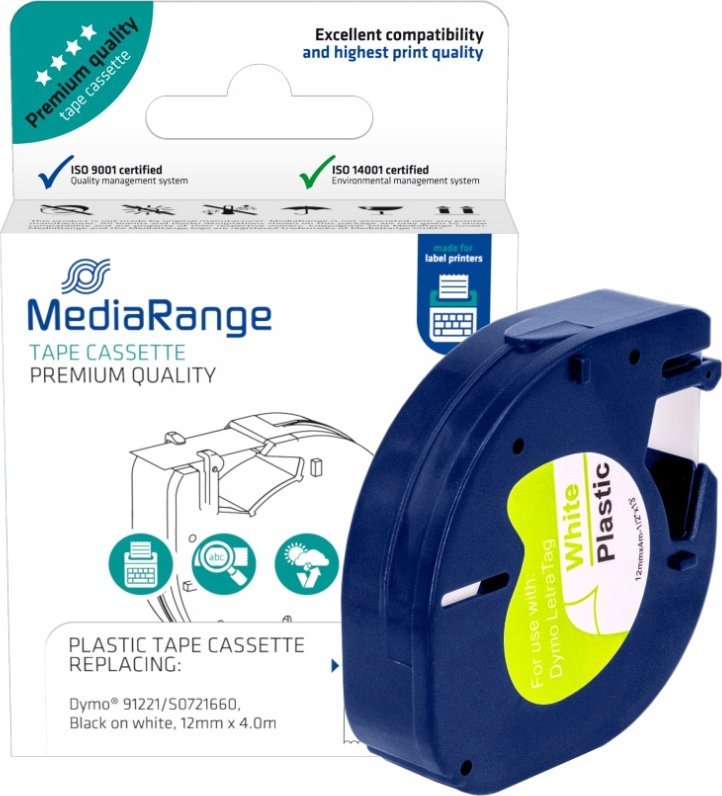 Kasetë etiketash MediaRange, 12mm x 4m, e laminuar, e bardhë me të zezë
