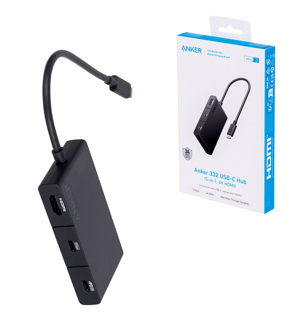 USB Hub Anker 332, 5-in-1, USB-C, 4K HDMI, 100W PD, i hirtë
