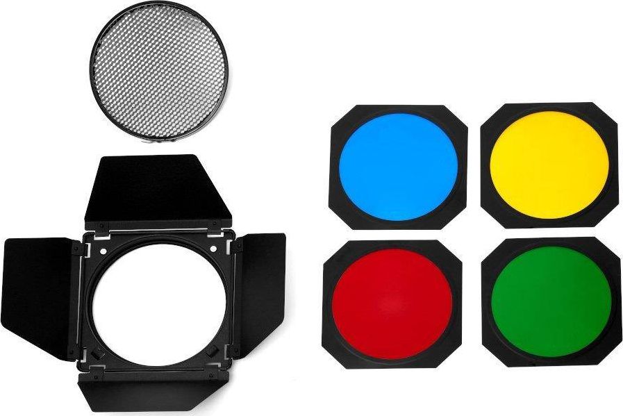 Aksesor ndriçimi GlareOne Barn Door Kit, për reflektor 18 cm, me grid dhe xhela ngjyrë