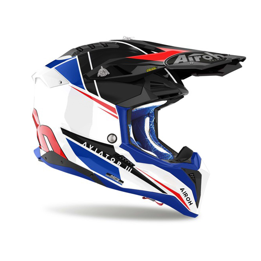 Helmetë motocross Airoh Aviator 3 Push, karboni, madhësia XS, e bardhë kuqe blu zi