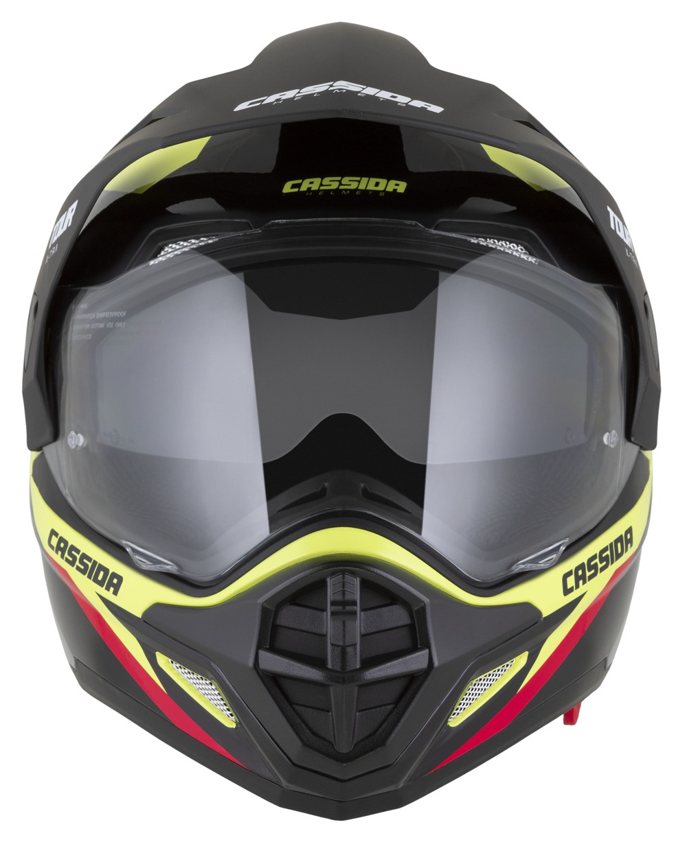 Helmeta moto Cassida Tour 2.0 X-tra, ECE 22.06, Pinlock ready, yellow fluo e zezë e kuqe gri