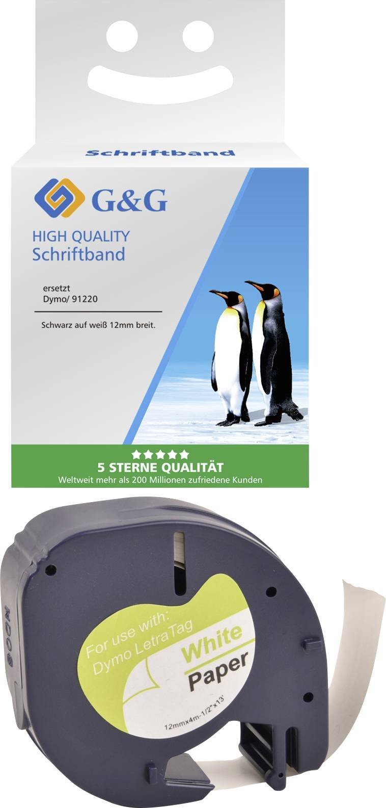 Shirit etiketash G&amp;G Label Tape, 12 mm, 4 m, i bardhë me tekst të zi