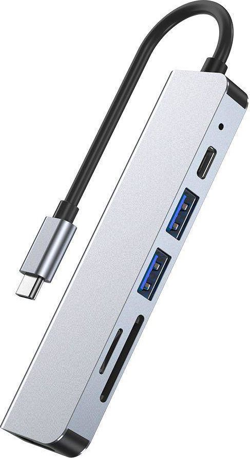 Adapter USB C Tech-Protect V4 6 në 1, HDMI, USB, alumini, gri