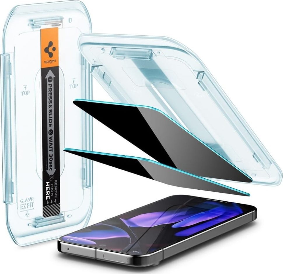 Заштитно стакло Spigen Glas TR EZ Fit Privacy, 2 парчиња, за Google Pixel 9 Pro и 9, проѕирно