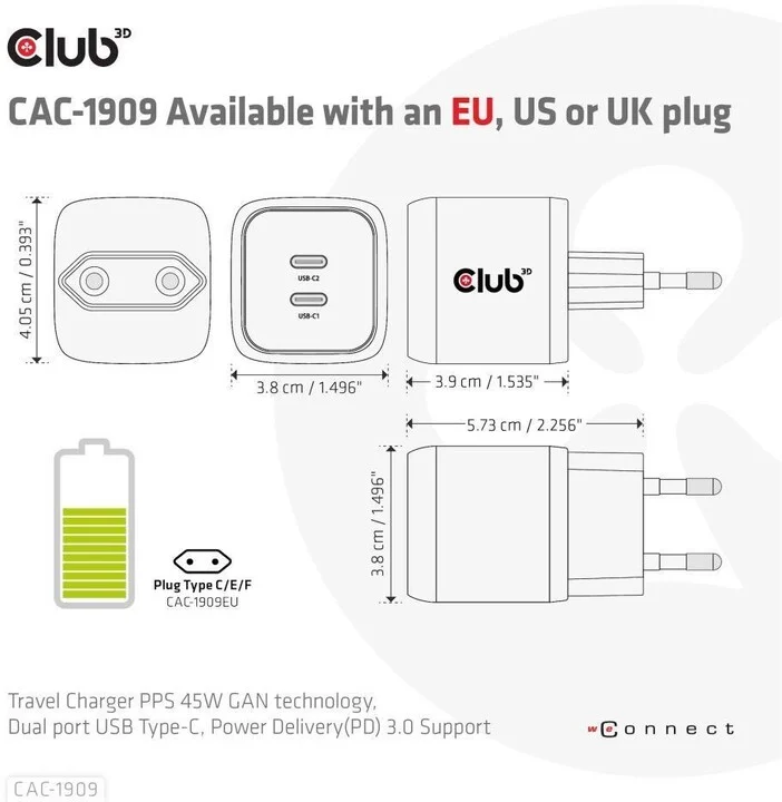 Karikues Club3D, teknologji GAN, 2xUSB-C, PD 3.0, 45W, i zi