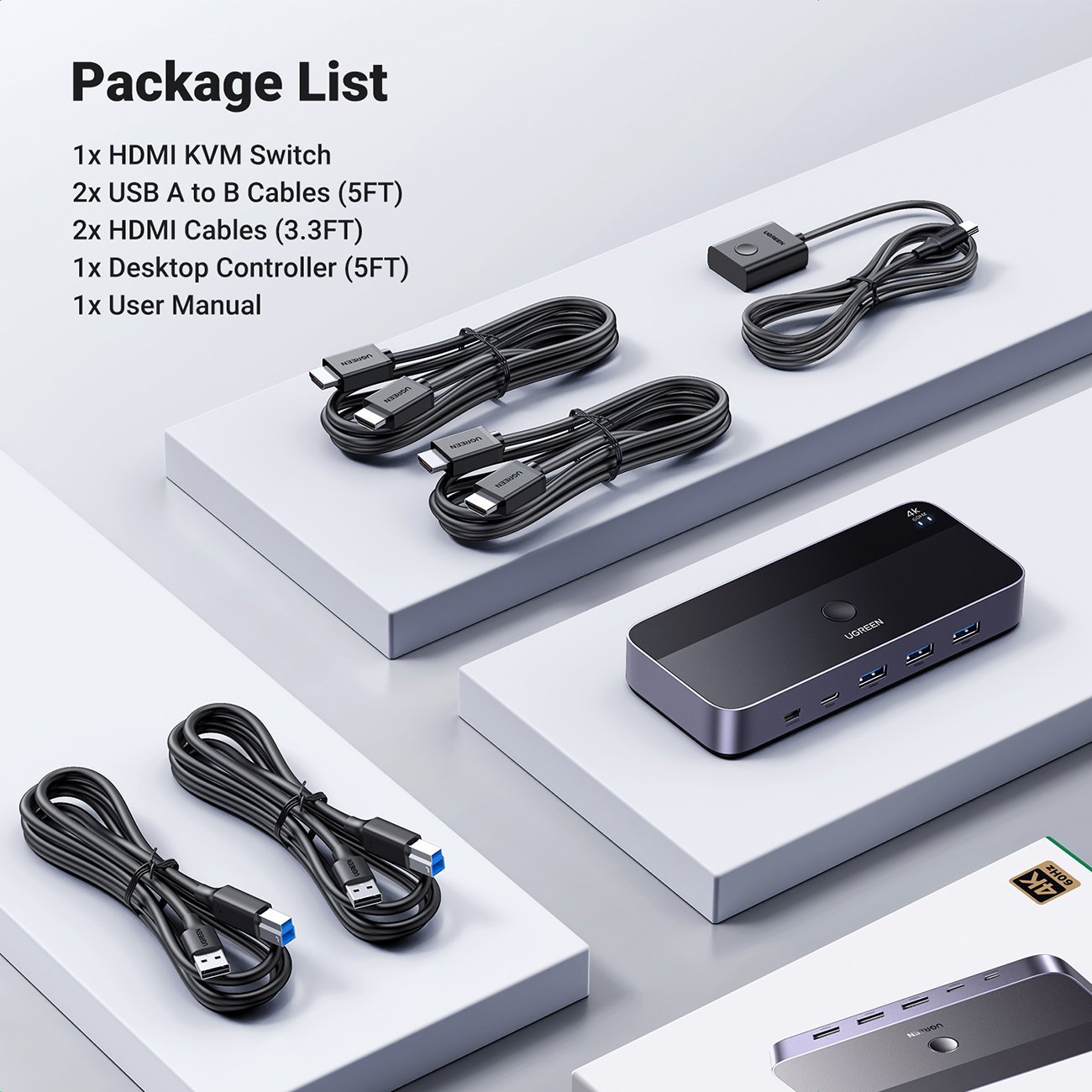 Прекинувач KVM Ugreen CM664, 2 PC на 1 монитор, 4 порти USB 3.0, 4K 60Hz