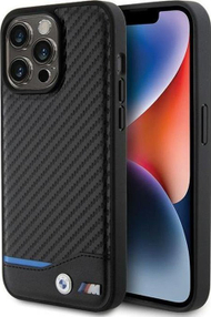 Mbulesë telefoni BMW Leather Carbon Blue Line për iPhone 15 Pro Max, lëkurë dhe karbon, e zezë me vijë blu