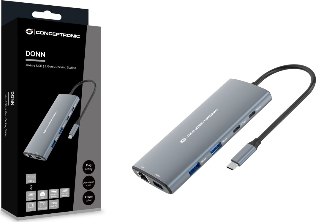 Docking station CONCEPTRONIC DONN06G, 10 në 1, USB 3.2 Gen 1, HDMI, USB-C PD 100W, gri