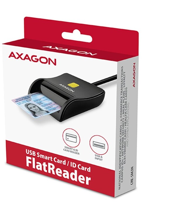 Lexues kartash me kontakt AXAGON CRE-SM3N, USB-A FlatReader Smart card (eCitizen), me kabllo 1.3m
