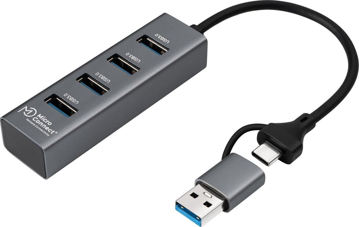 Хаб USB Microconnect USBHUB4-2IN1, 4 порти, USB 3.2 Gen 1, сива
