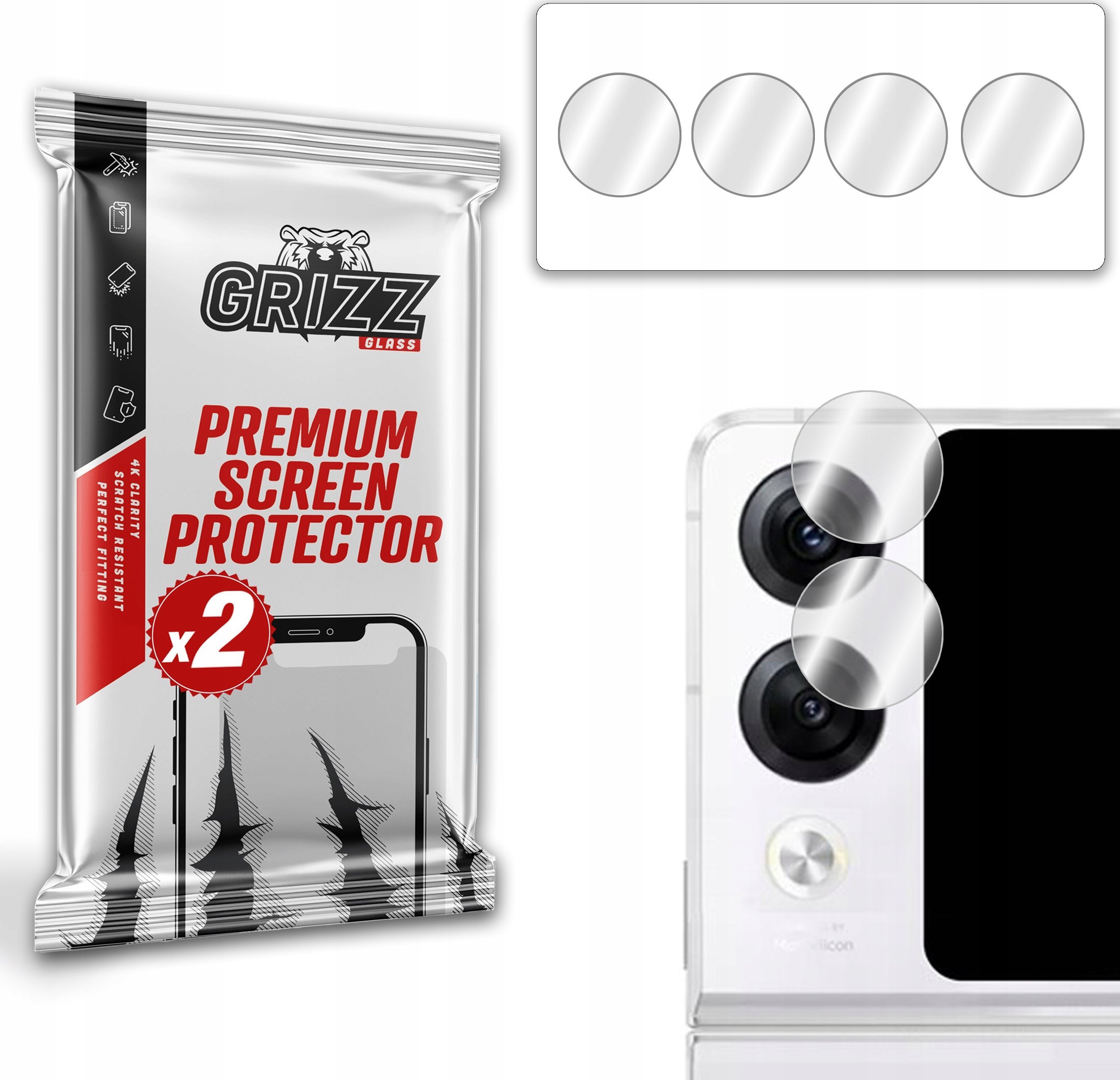 Mbrojtëse xhami për kamera GrizzGlass Oppo Find N2 Flip, xham hibrid, 2 copë, transparente