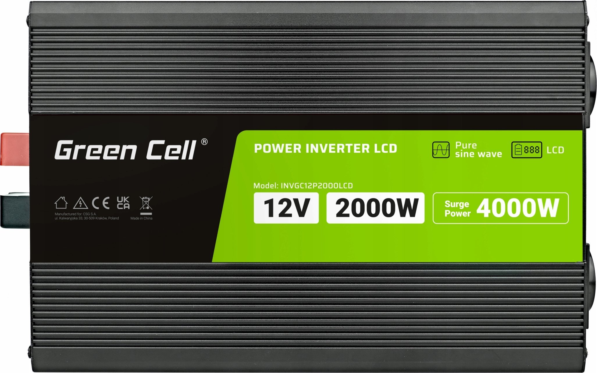 Inverter për makinë Green Cell PowerInverter LCD INVGC12P2000LCD, 12V, 2000W, valë e pastër sinusoide