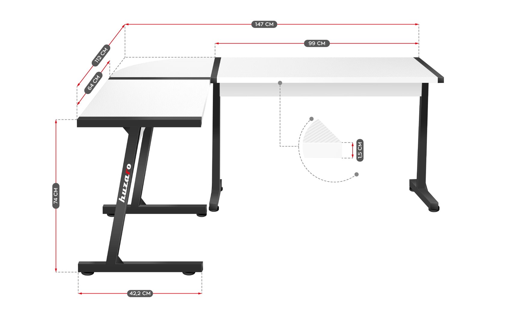 Tavolinë gaming këndore Huzaro Hero 6.0, 147x112 cm, 15mm, e bardhë