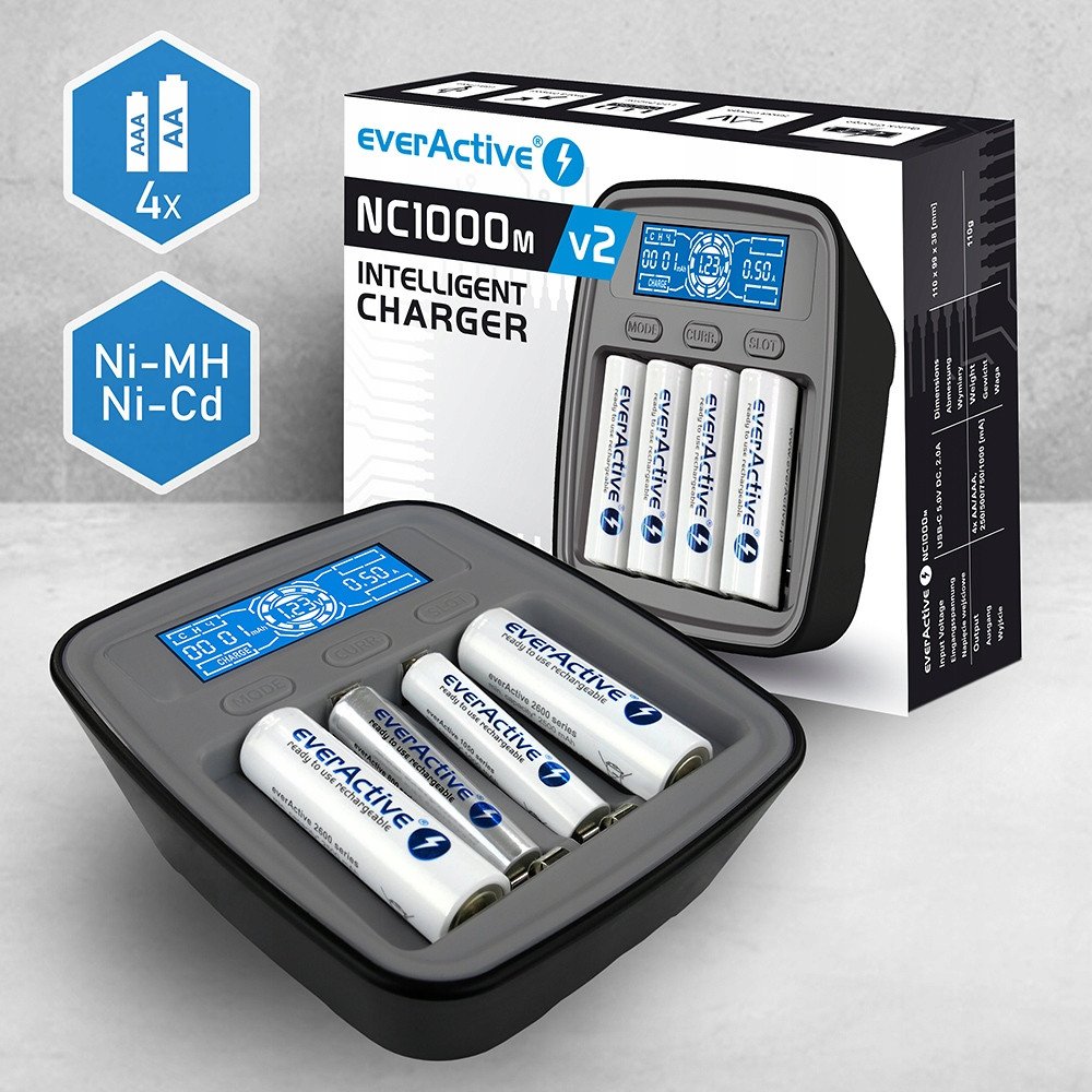 Karikues baterish everActive NC-1000M v2, 4 kanale, USB-C, gri