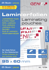 Fletë plastifikimi Genie GENIE, 95 x 60 mm, 25 copë, transparente me shkëlqim