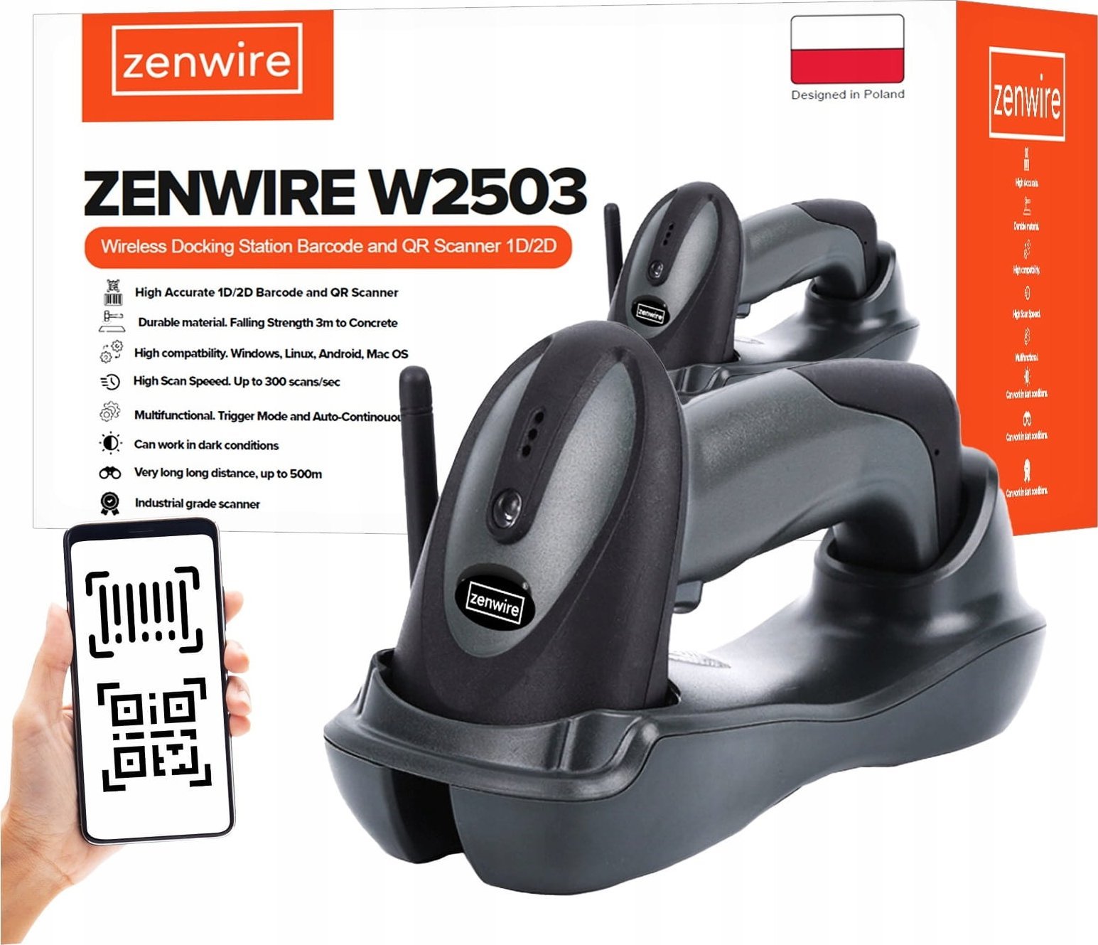 Sкенер на баркодови Zenwire W2503, безжичен, 2D QR, црн