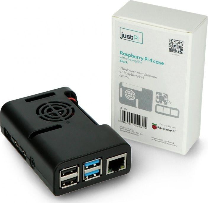 Kuti mbrojtëse JustPi për Raspberry Pi 4B, me ventilator, plastike, e zezë