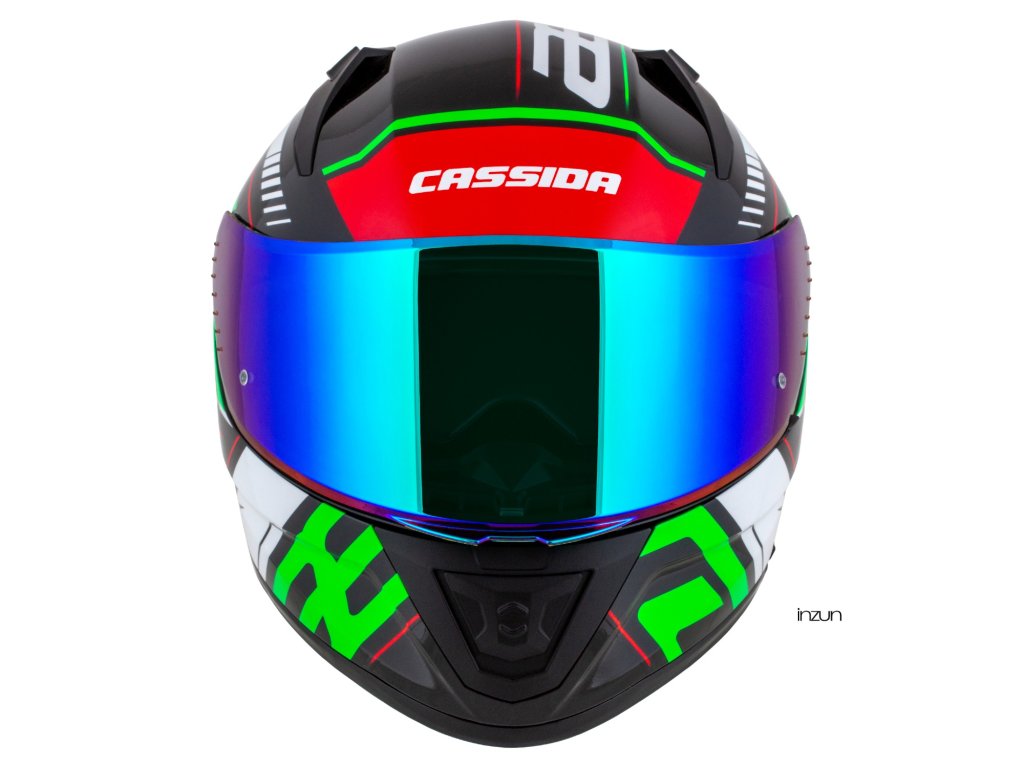 Kaskë moto CASSIDA Aero Drome 2026, integrale, vizor dielli, e zezë metalike kuqe gjelbër bardhë