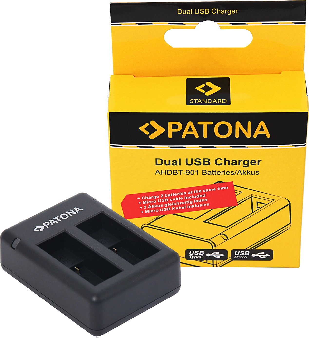 Karikues baterish Patona Dual USB, për GoPro Hero 9 dhe Hero 10, i zi