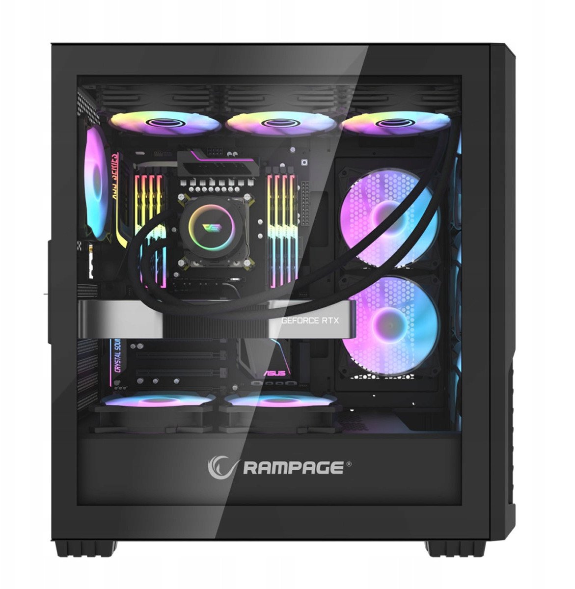 Kути за компјутер Rampage Shelob Mid Tower, 4 ARGB ладици, калено стакло, црна