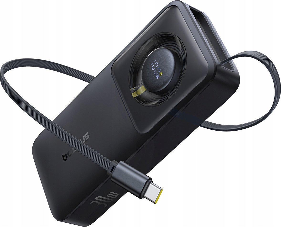 Powerbank Baseus Free2Pull, 10000mAh, 30W, me kabllo USB C të integruar, i zi