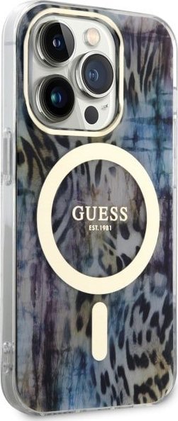 Mbulesë telefoni Guess Leopard MagSafe, iPhone 14 Pro Max, polikarbonat dhe TPU, blu