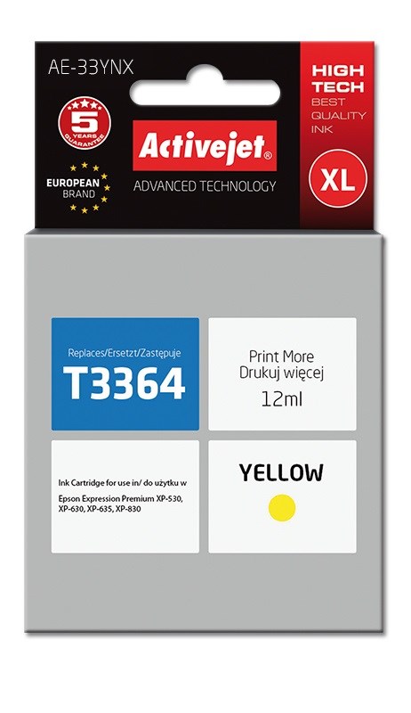 Ngjyrë për printer Activejet AE-33YNX (zëvendësim për Epson 33XL T3364), 12 ml, e verdhë
