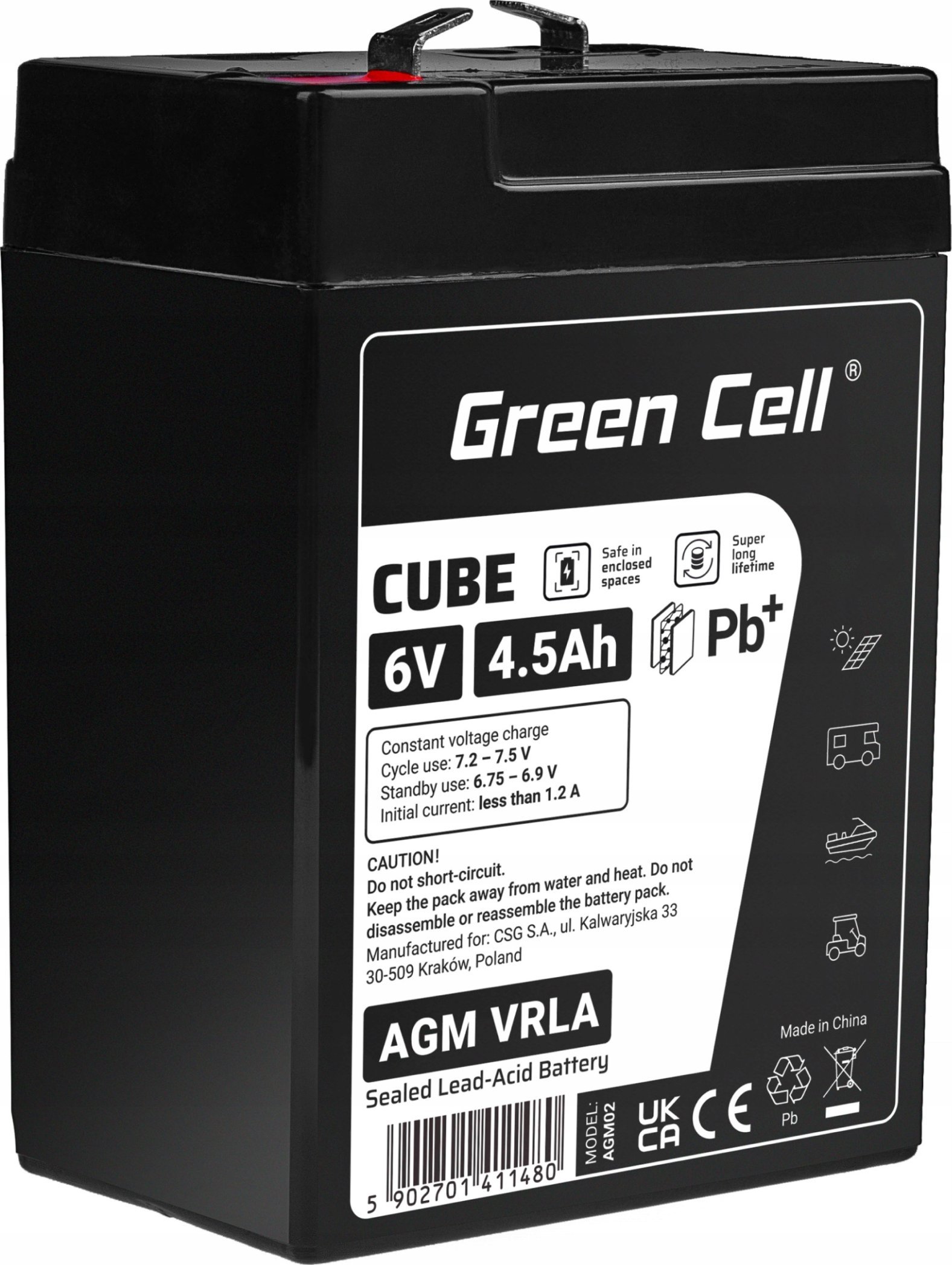 Bateri xheli Green Cell CUBE AGM 6V 4.5Ah, VRLA, IP54