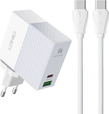 Karikues muri LDNIO A2620C, 65W, USB dhe USB C, me kabllo USB C në USB C, i bardhë