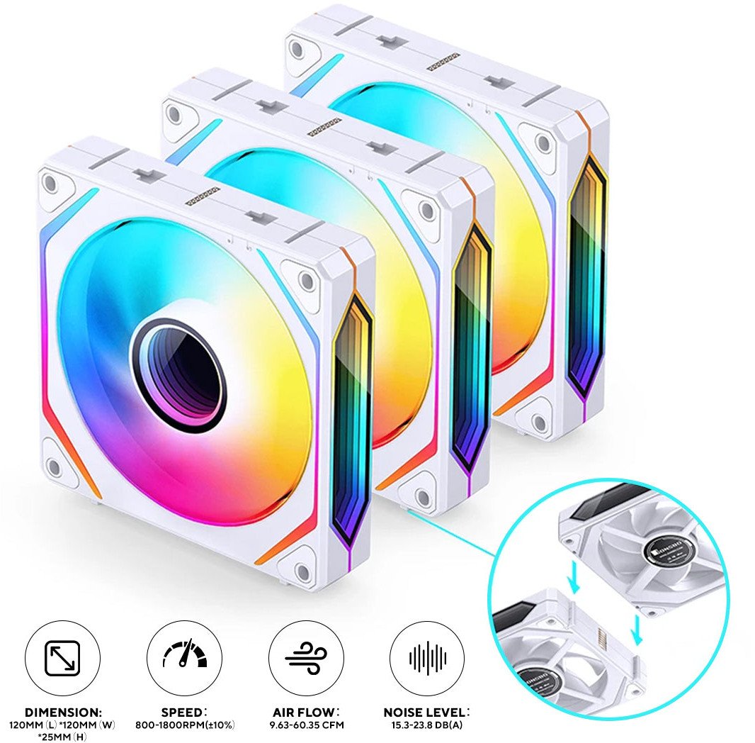 Вентилатор за компјутер Jonsbo ZL-120W, 120 mm, PWM ARGB, сет 3 парчиња, бел