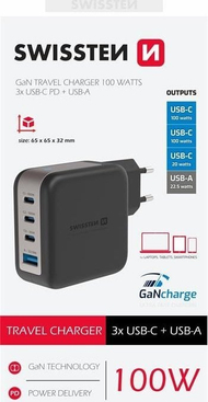 Karikues Swissten GaN, 3x USB C 100W PD, 1x USB A 18W QC, i zi