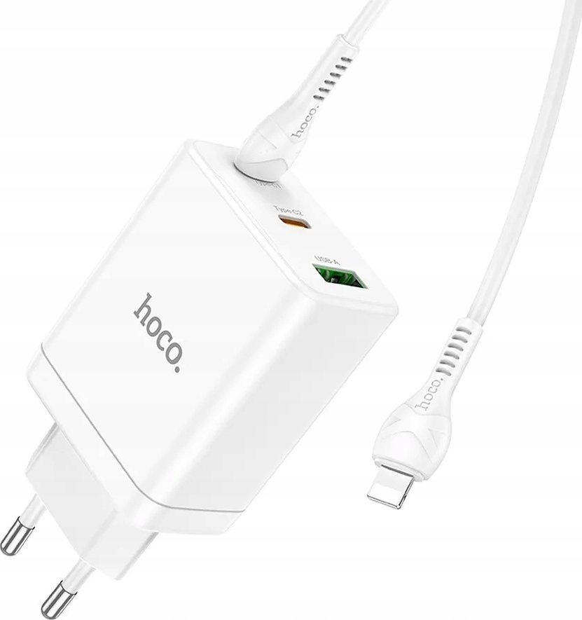 Karikues muri Hoco Mains Charger, 2x Type C, USB A, PD QC 3.0, me kabllo USB C në Lightning, i bardhë