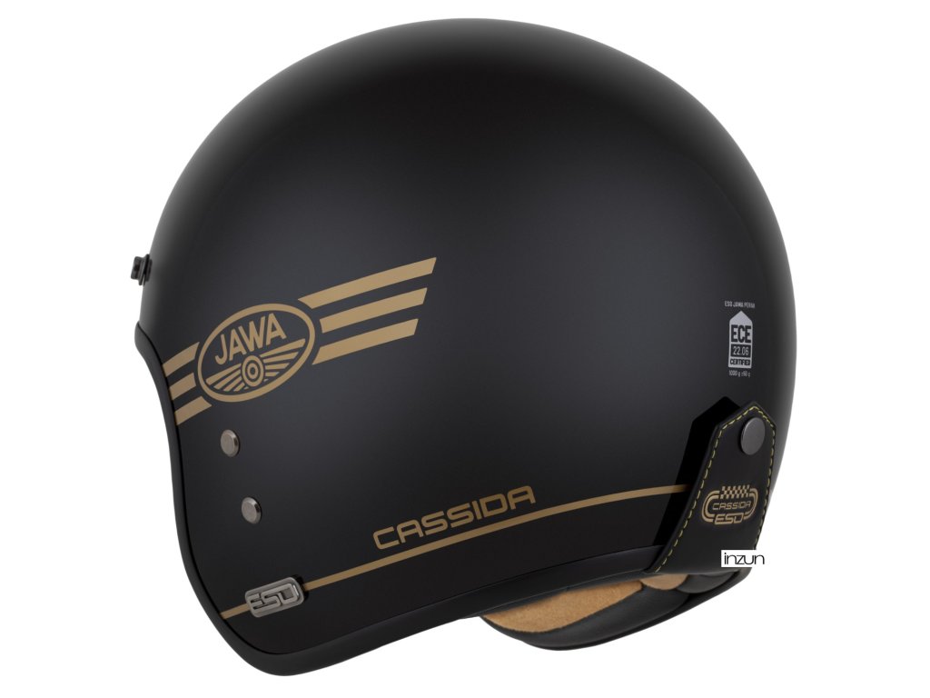 Helmetë moto CASSIDA ESO Jawa Pérák 2026, fibra xhami, black pearl gold