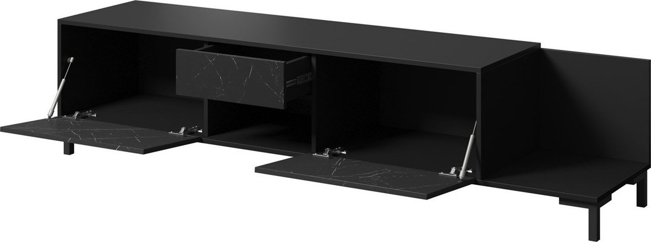 Komodë TV Marmo 2D1S1K, 195x40x47.5 cm, efekt mermeri, e zezë mat