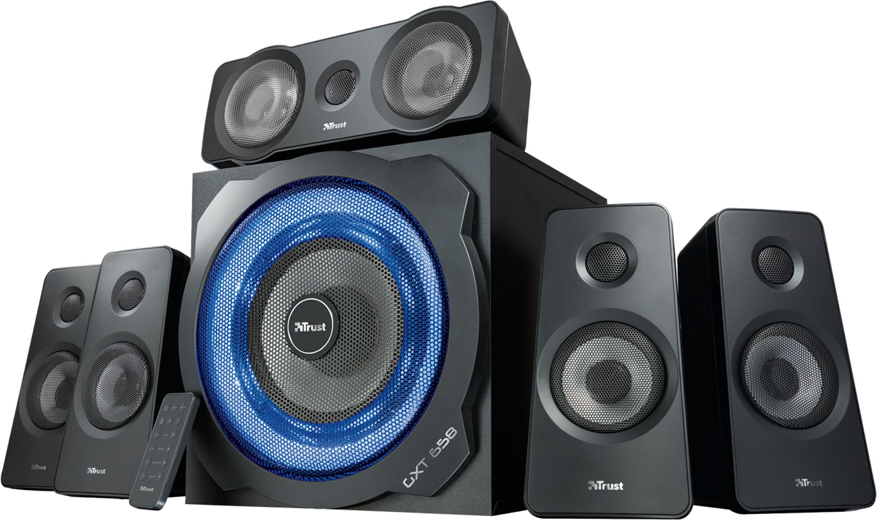 Folës kompjuteri Trust GXT 658 Tytan, sistem 5.1, subwoofer druri me LED, i zi