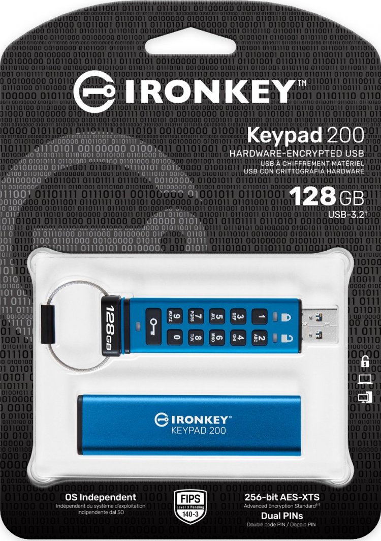 USB Pendrive Kingston IronKey Keypad 200, 128GB, i kaltër