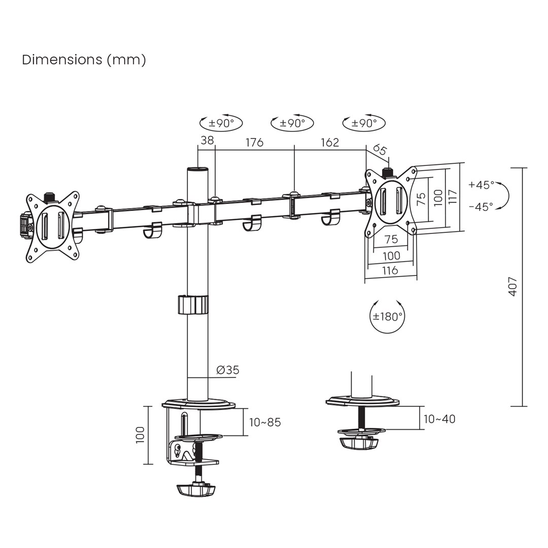 Mbajtëse për dy monitorë Maclean MC-754N, 17-32", VESA 75x75/100x100, 2x9kg, e zezë