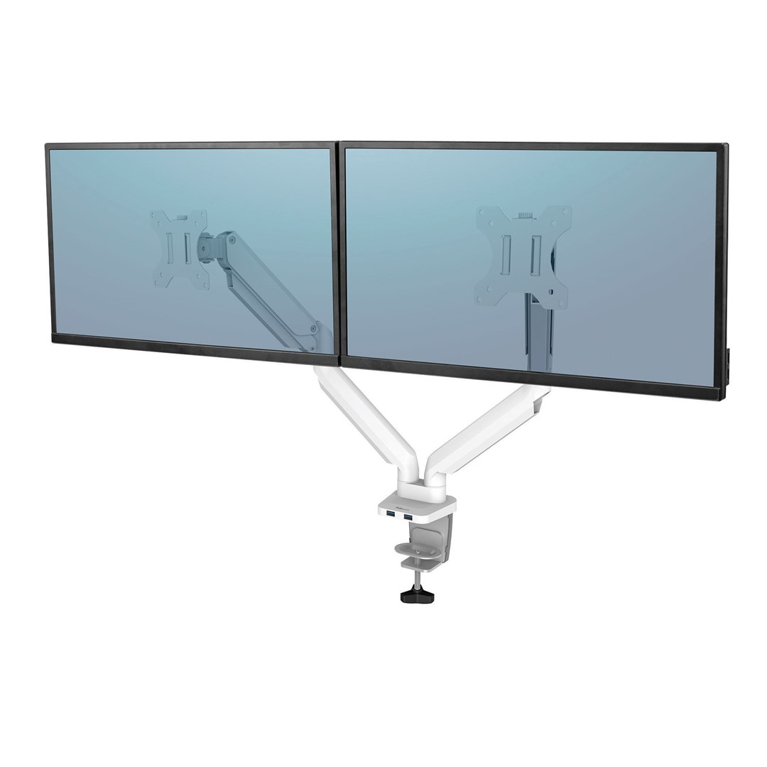 Mbajtës për dy monitorë Fellowes Platinum Series, 40", VESA, me porta USB, i bardhë Mbajtës për dy monitorë Fellowes Platinum Series, 40", VESA, me porta USB, i bardhë