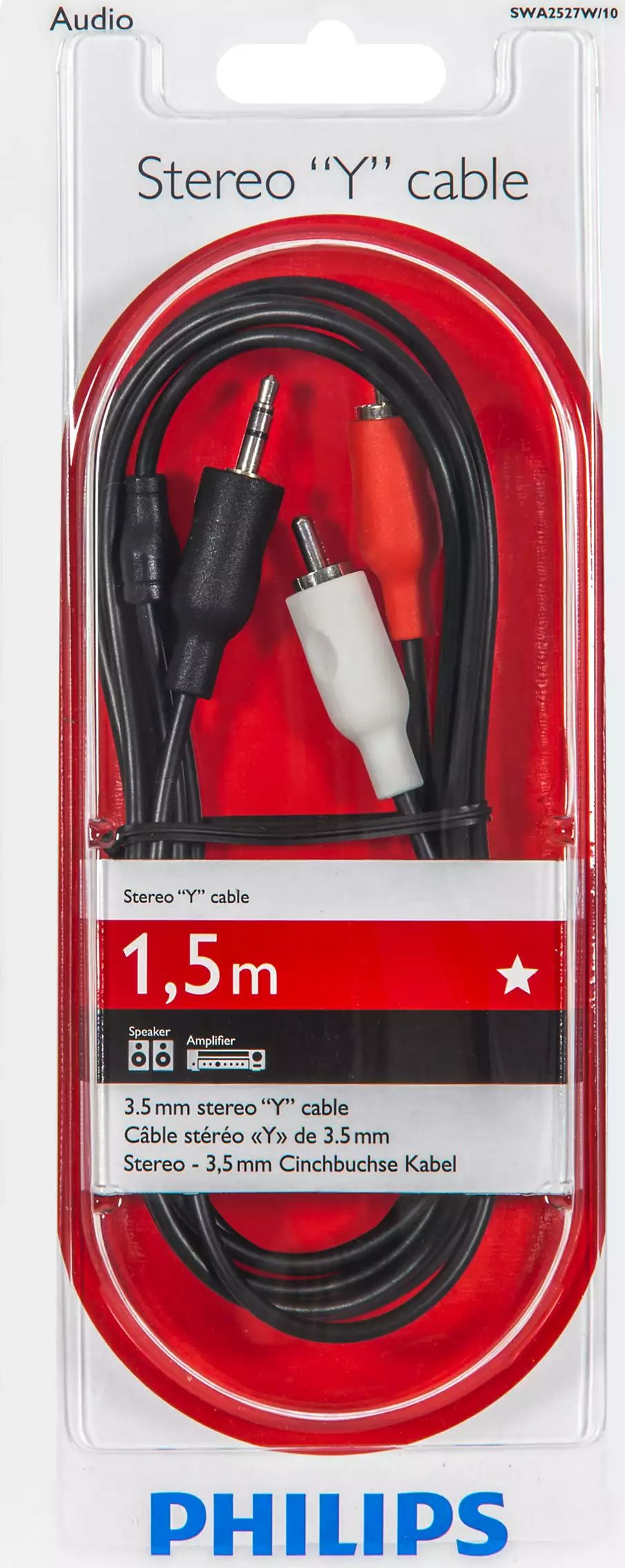 Kabllo audio Philips SWA2527W, 3.5 mm në 2x RCA, 1.5 m, e zezë