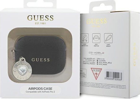 Mbështjellës Guess GUAP2PGEHCDK për AirPods Pro 2, me shkëlqim dhe zemër dekorative, i zi