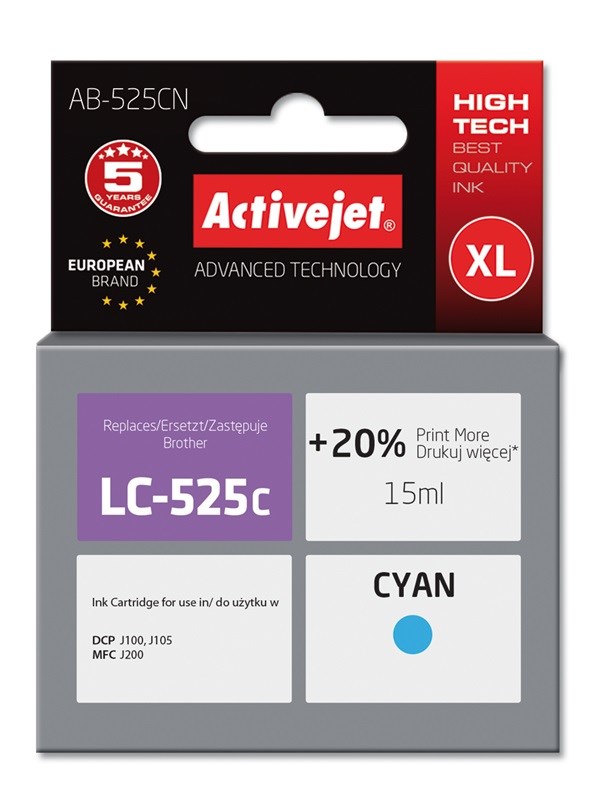 Ngjyrë për printer Activejet AB-525CN (zëvendësim për Brother LC525C), 15 ml, e kaltër