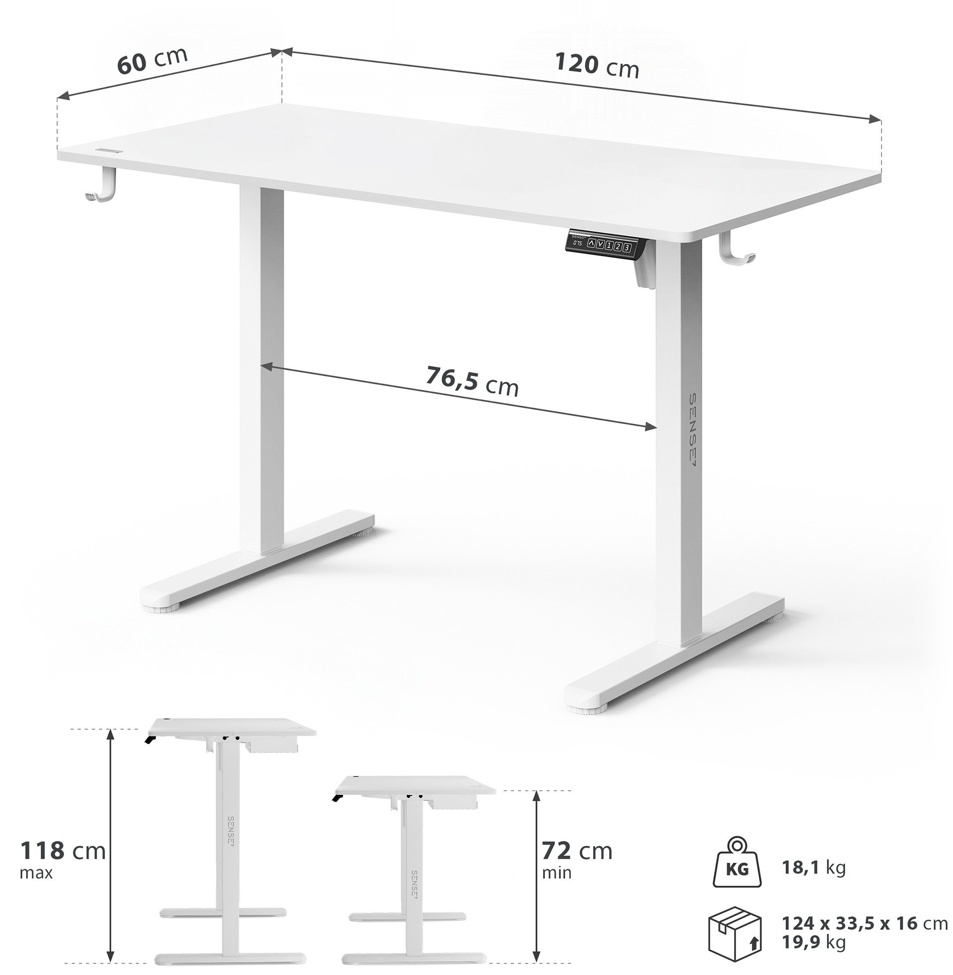 Tavolinë elektrike SENSE7 NOJO LIGHT, 120 cm x 60 cm, e bardhë
