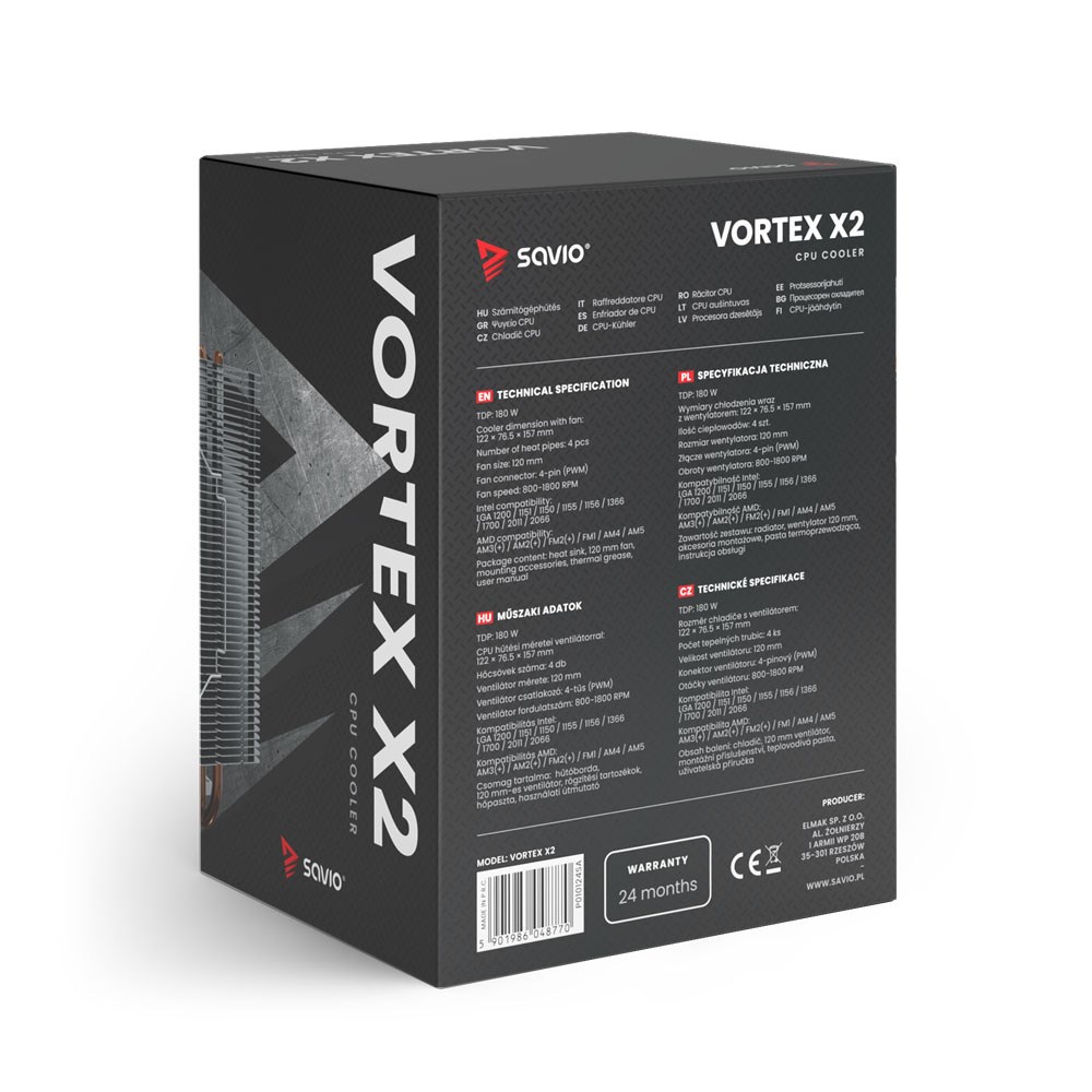 Ftohës CPU Savio VORTEX X2, 120mm, 180W TDP, i zi