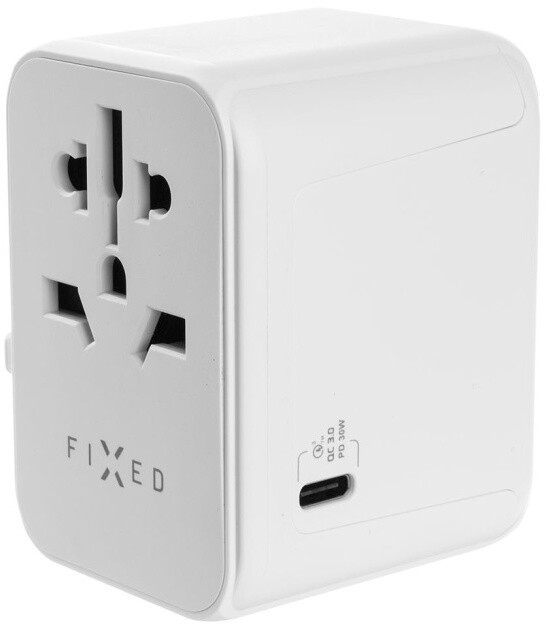 Karikues udhëtimi FIXED për EU, UK dhe USA/AUS, 1xUSB-C, 2xUSB-A, GaN, PD 30W, i bardhë