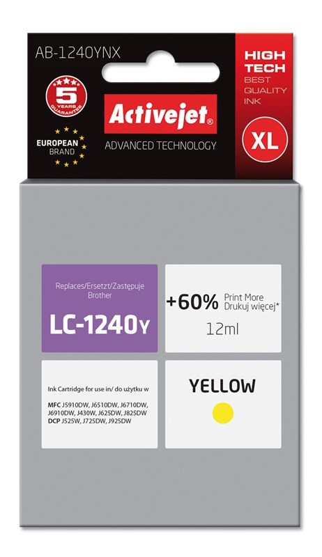 Ngjyrë për printer Activejet AB-1240YNX (zëvendësim për Brother LC1240Y/1220Y), 12 ml, e verdhë