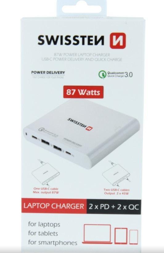 Karikues për notebook Swissten 87W, 2x USB, 2x USB C, i bardhë