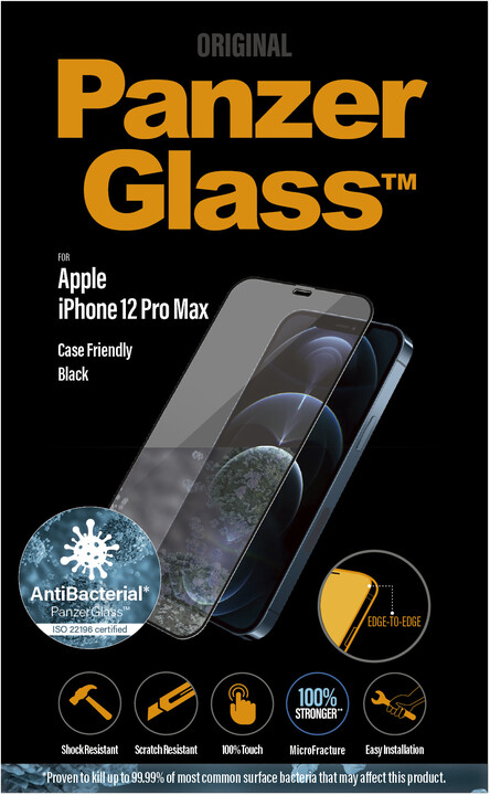 [OUTLET] Xham mbrojtës PanzerGlass Edge-to-Edge për Apple iPhone 12 Pro Max 6.7", antibakterial, 0.4mm, me kornizë të zezë