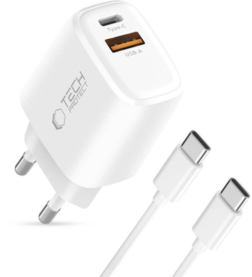 Полнач за ѕид Tech-Protect NCA30, 30W PD QC3.0, USB-A USB-C, бел